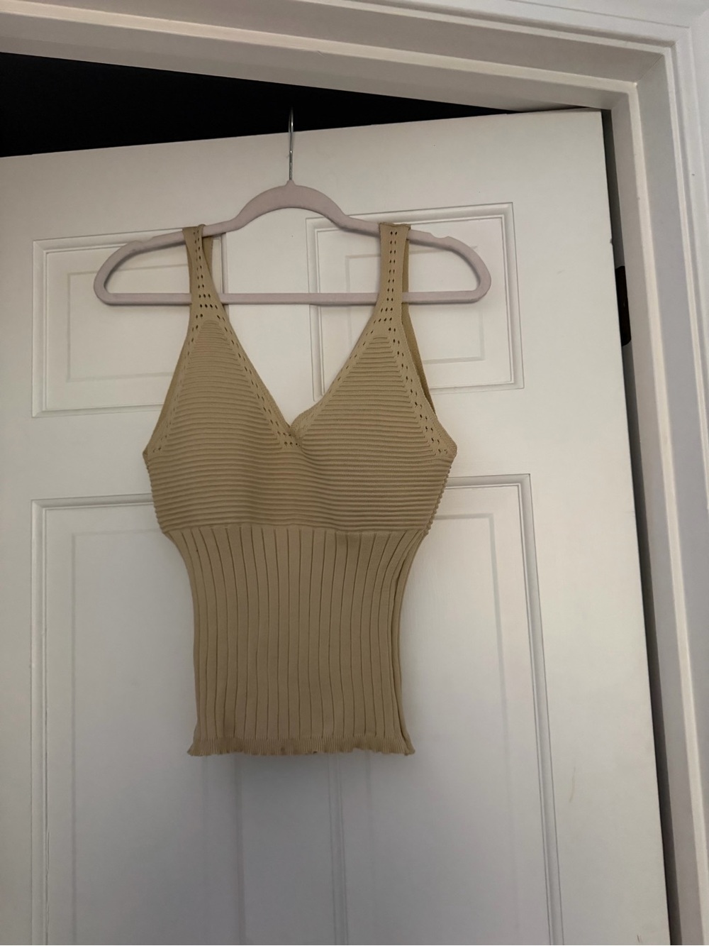 Ribbed V-Neck Knit Tank Top in Beige